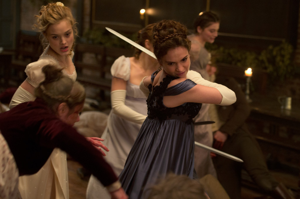 Lily James (center) and Bella Heathcote (left) in Pride and Prejudice and Zombies.  Source:  SONY PICTURES ENTERTAINMENT 