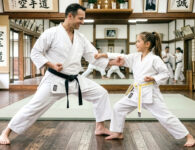 father and daughter practicing karate