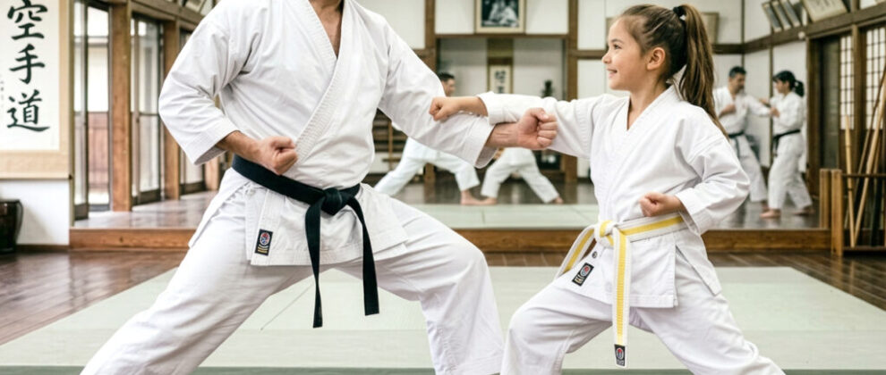father and daughter practicing karate