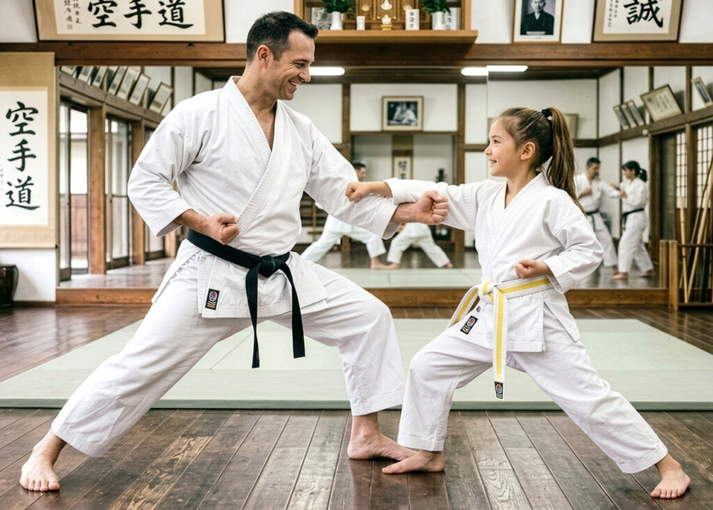 father and daughter practicing karate